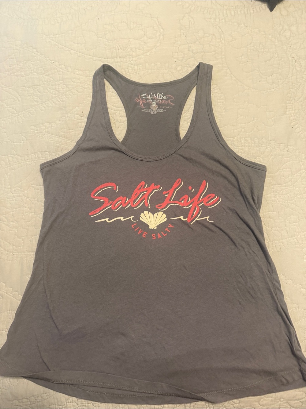 Salt Life Gray Racerback Tank with Pink Script and Cream Shell - Picture 1 of 2